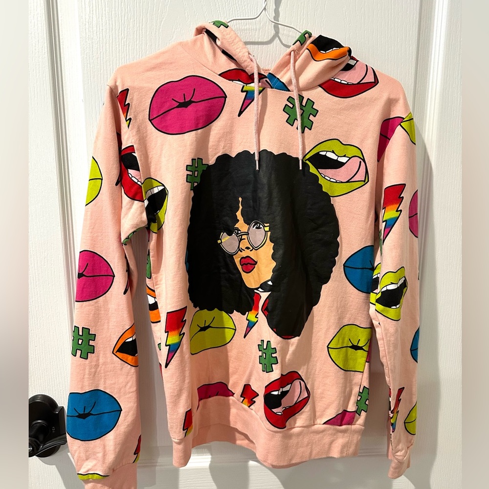 On Fire Afro and Lips Pink Hoodie Sweatshirt Sz L
